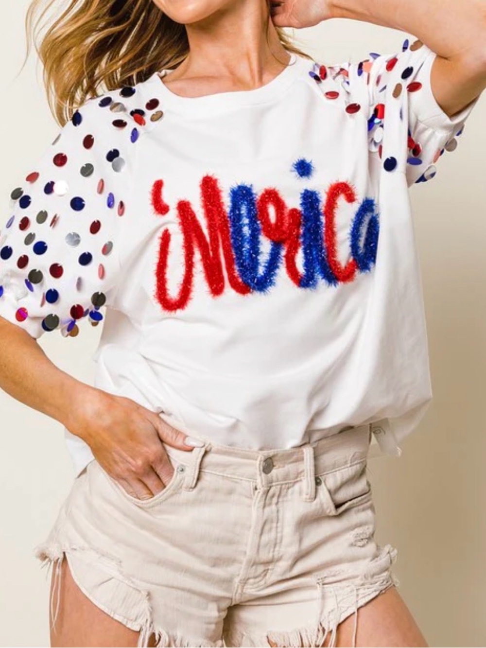 BiBi America Metallic Letter Spangle USA Raglan Sequin Patriotic Puff Sleeve Top